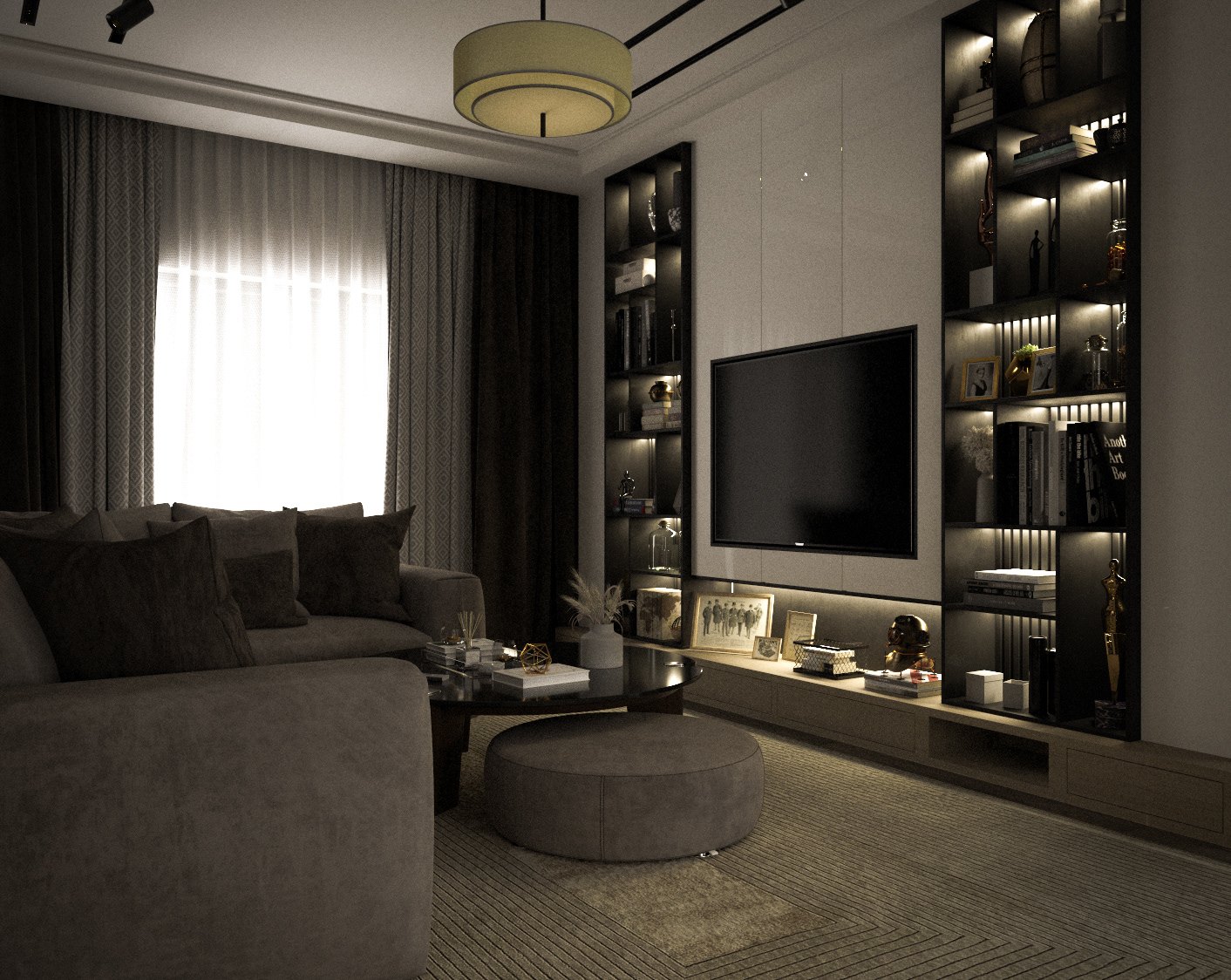 Warm modern living room with lit shelving and a sectional sofa