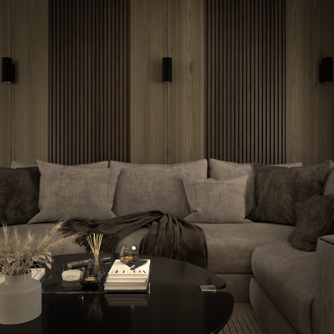 Textured sofa against wood slat paneling