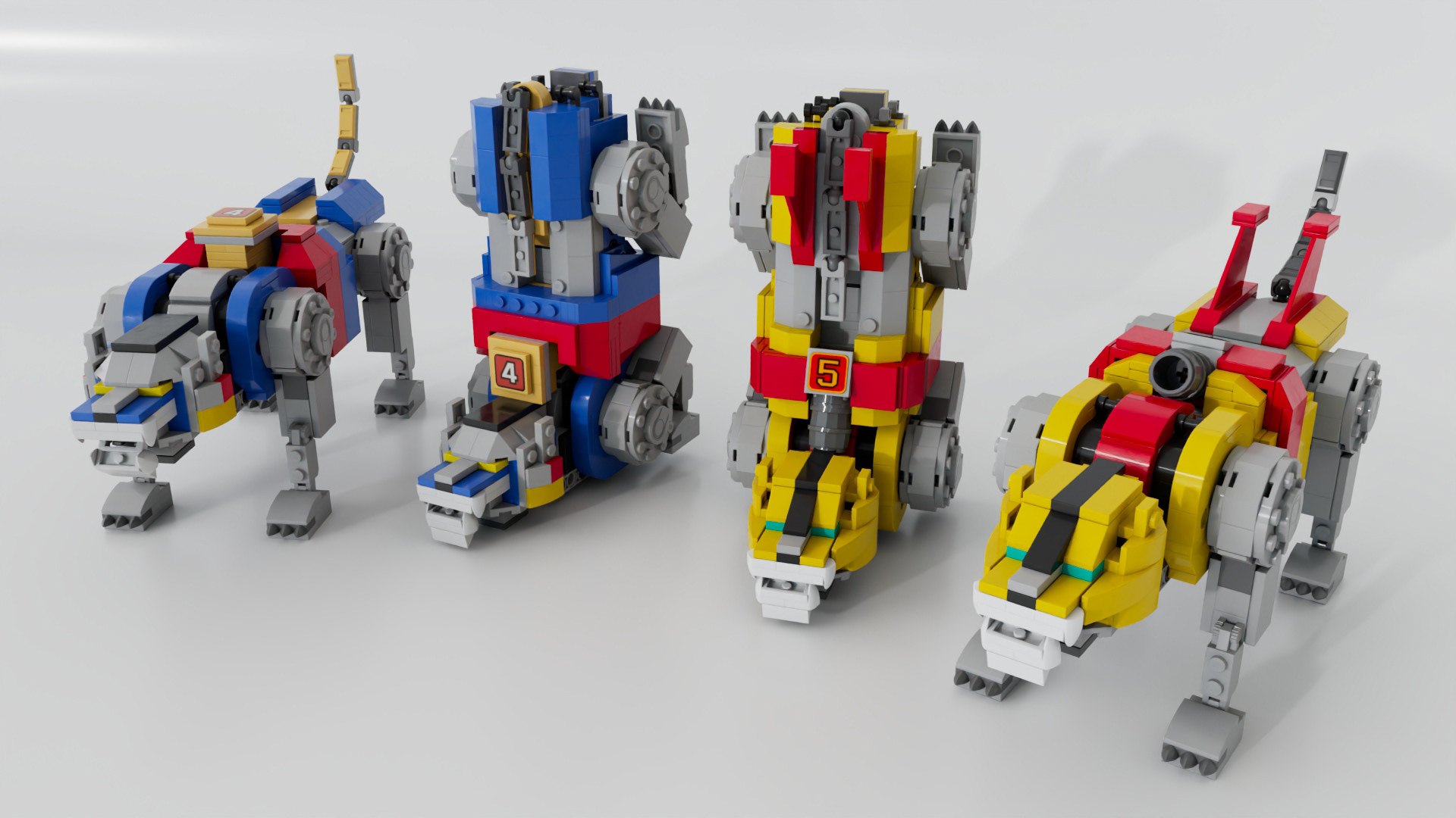 Four brick-built robot lions lined up on a white floor