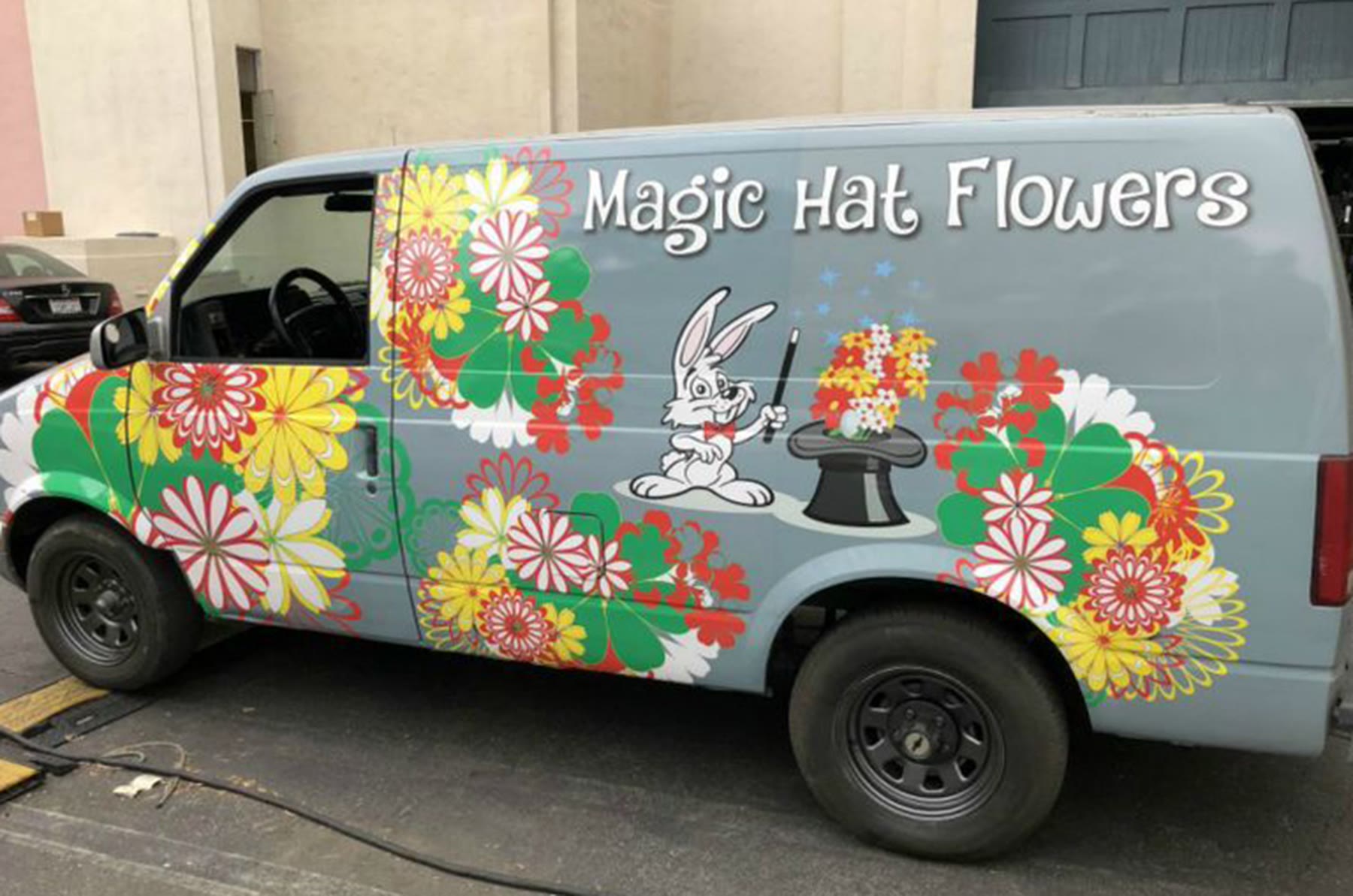 Flower-covered delivery van
