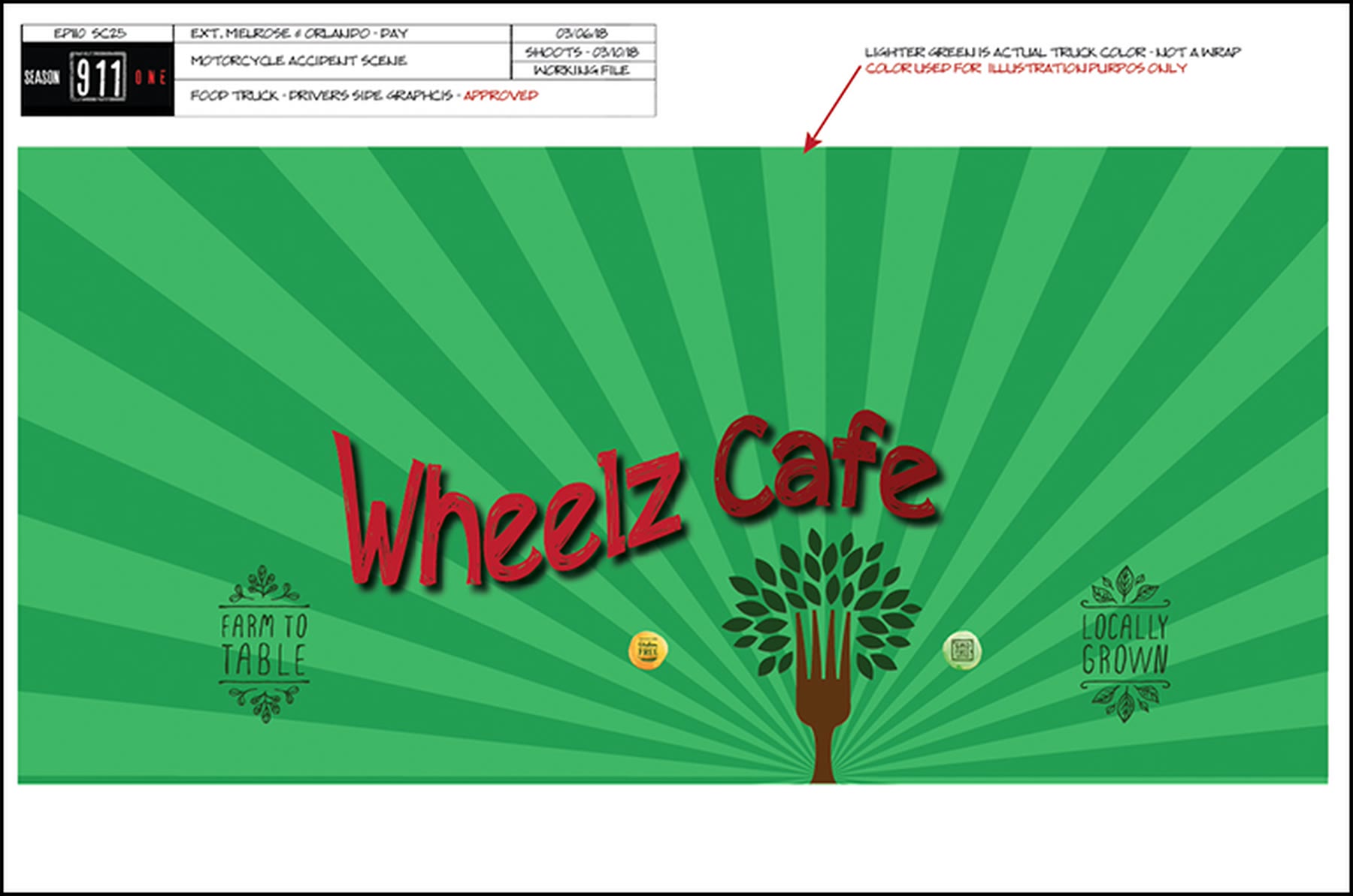 Green sunburst food truck wrap art, driver side