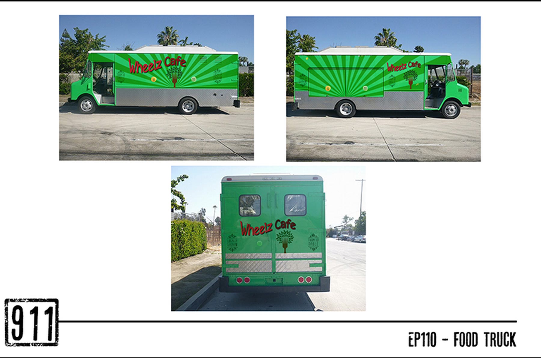 Food truck wrap layout with photos of the finished truck
