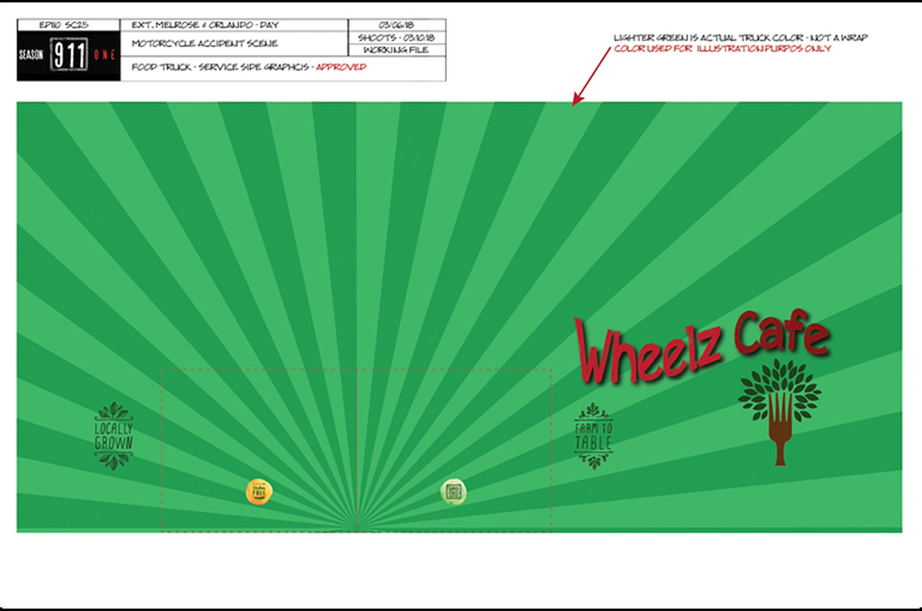 Green sunburst food truck wrap art, service side