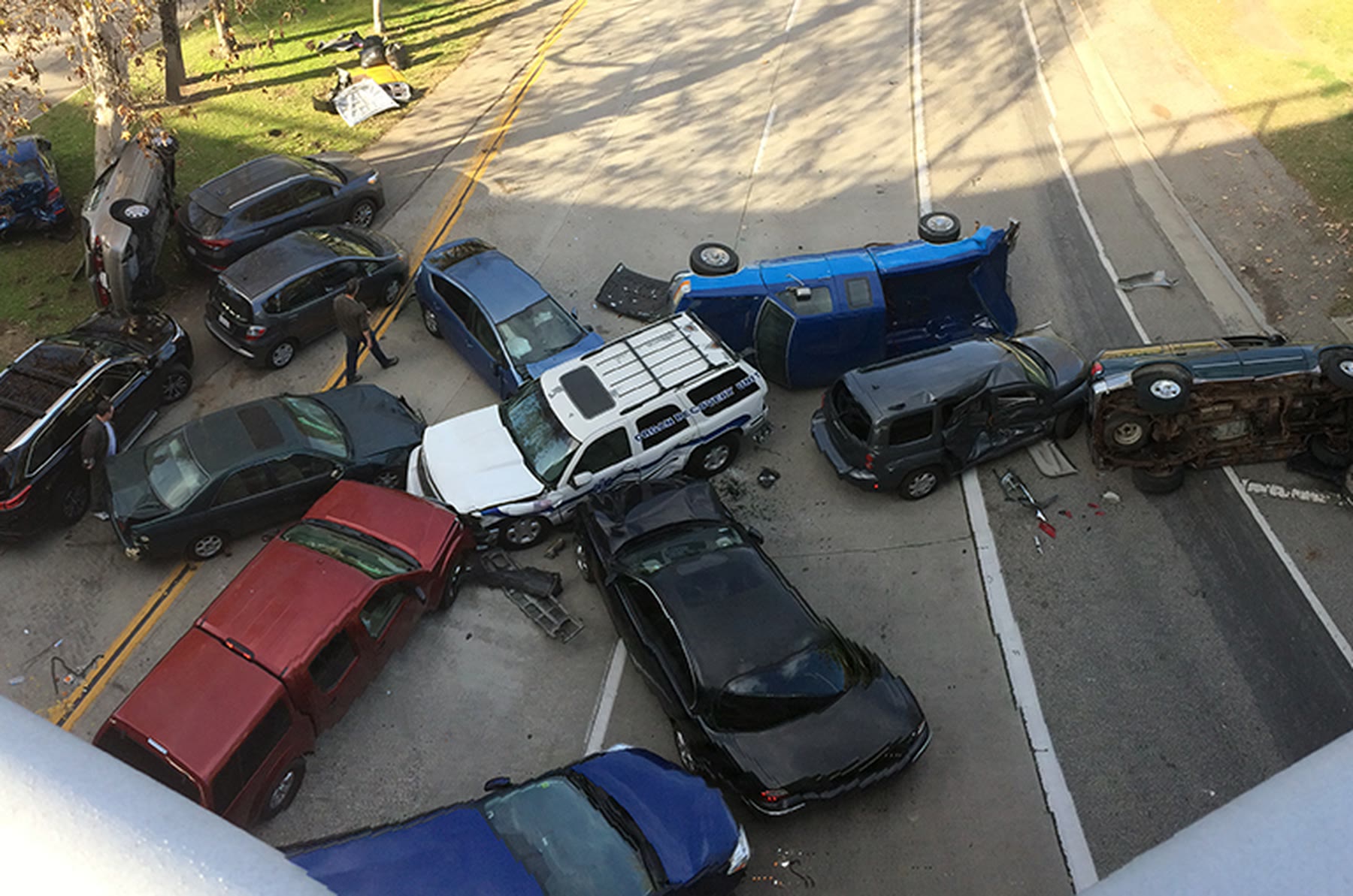 Crushed cars in a freeway pileup