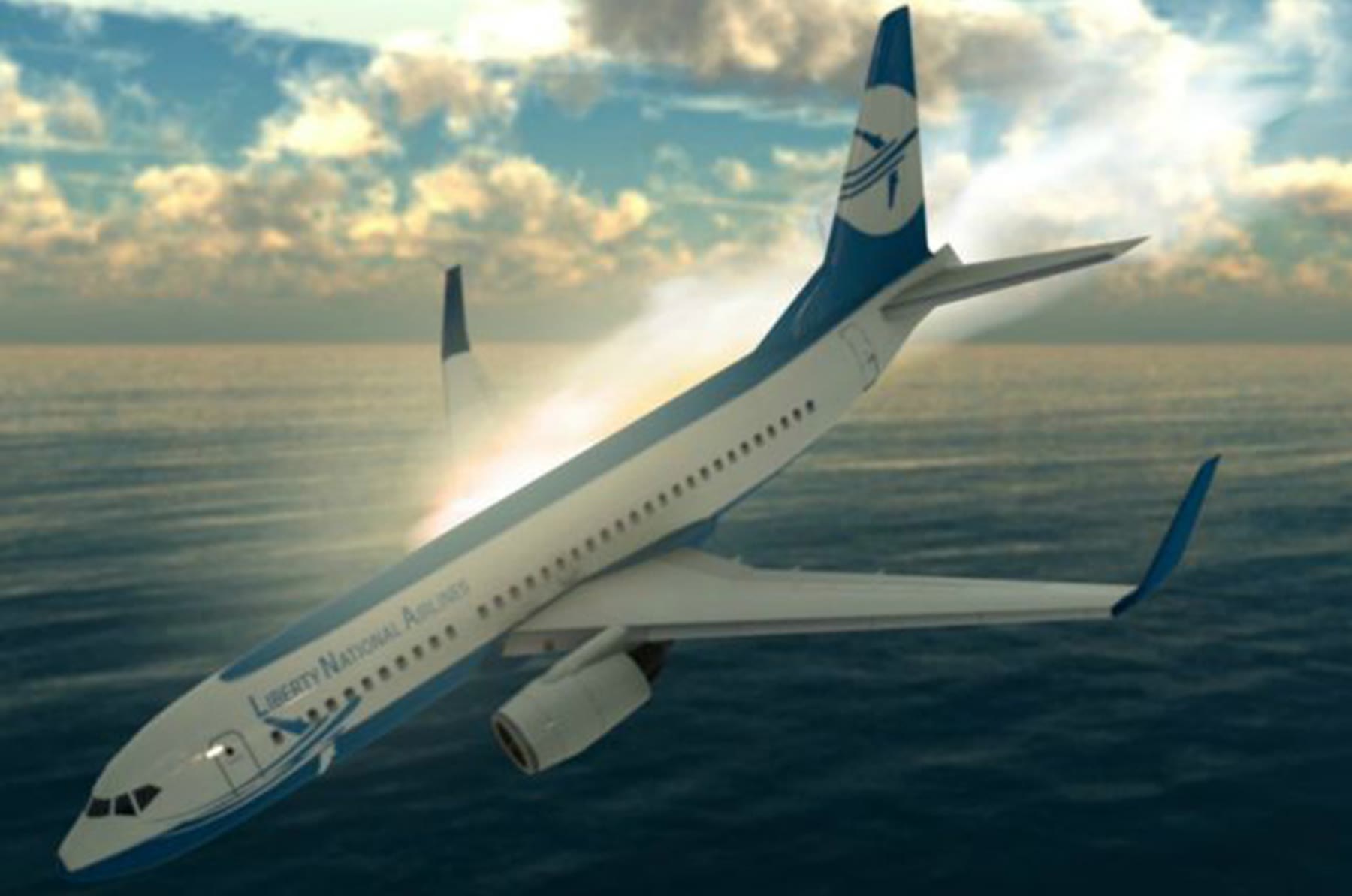 CG passenger jet going down over the ocean