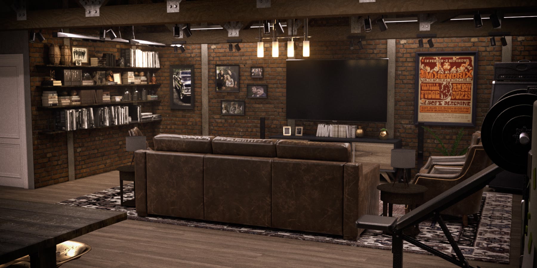Bunker living area with bookshelves