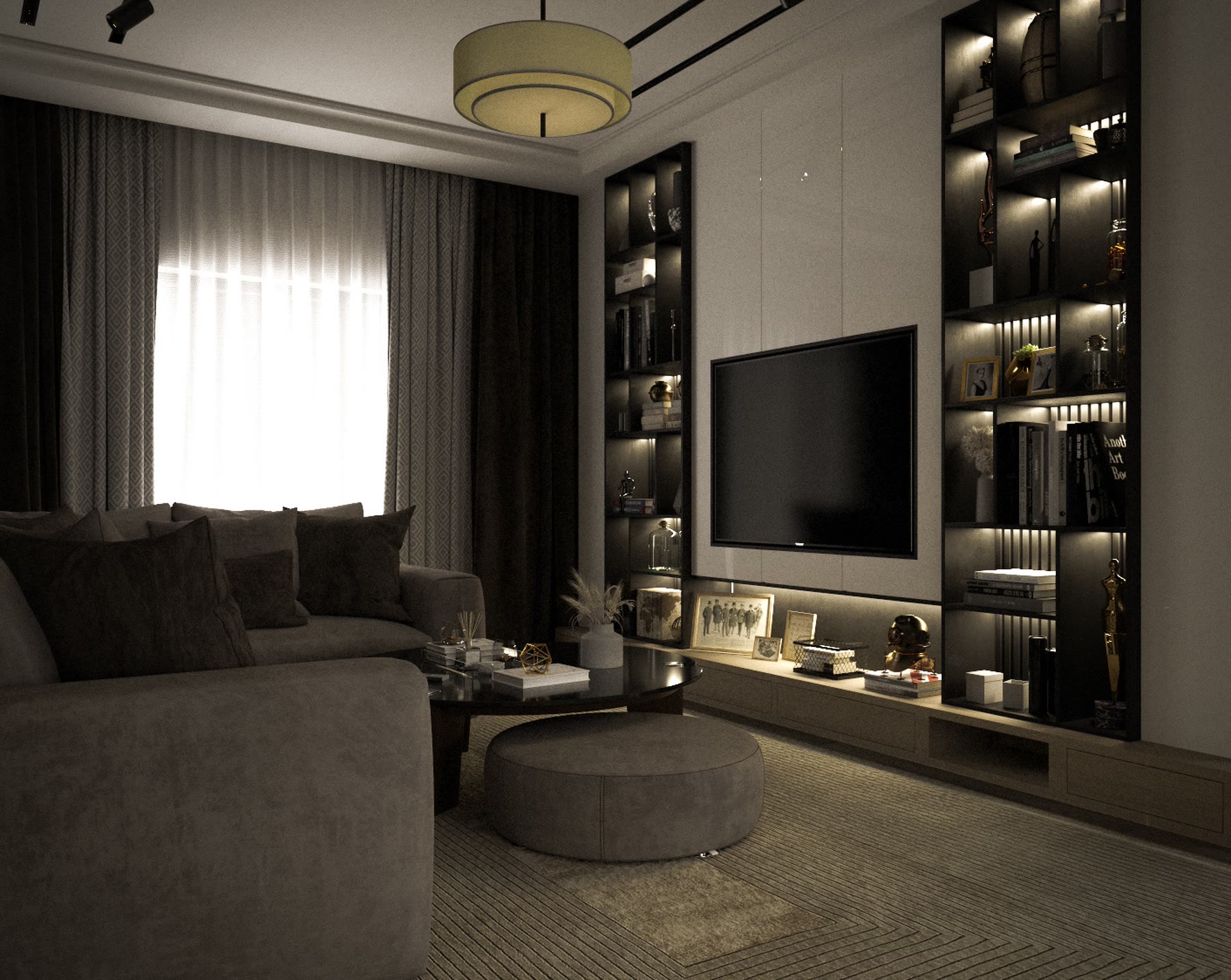 Living room with TV wall by day