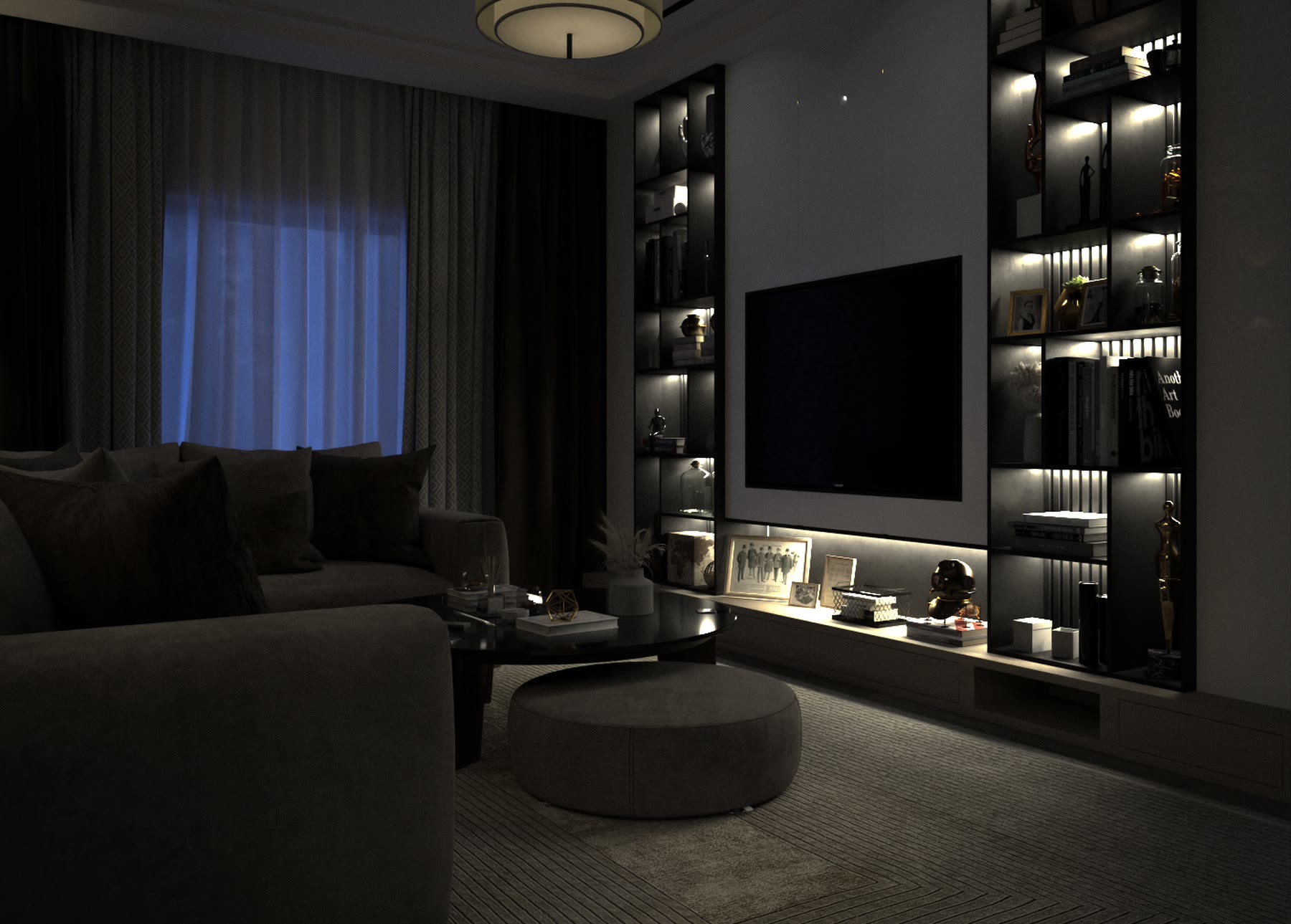 Modern living room at night with lit shelving